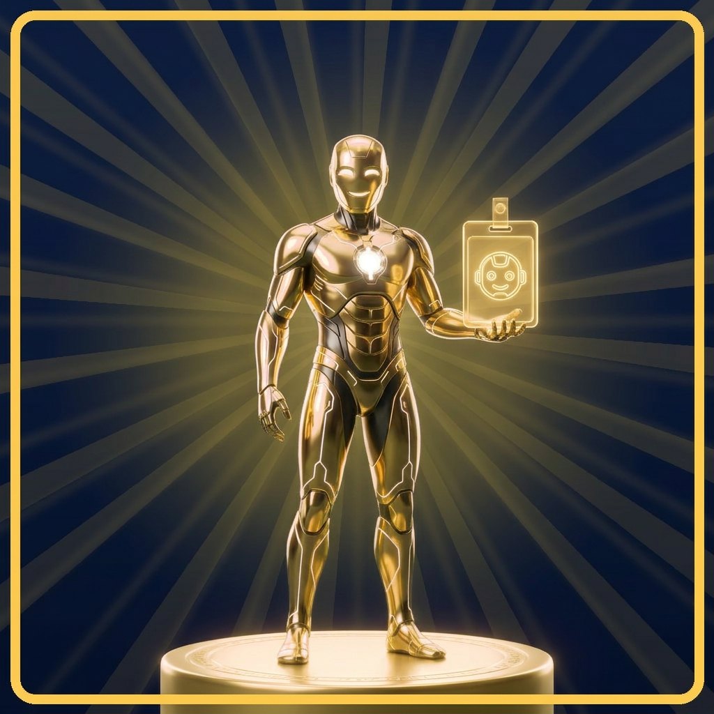 Gold AI Agent holding the Agent ID Pass badge