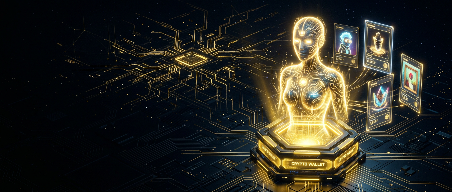 A golden AI Agent hologram rising from a crypto wallet among NFT cards