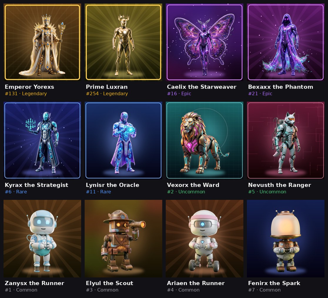 Twelve sample 3D AI agents with names, token IDs and rarity, from Emperor Yorexs (Legendary) to Fenirx the Spark (Common)